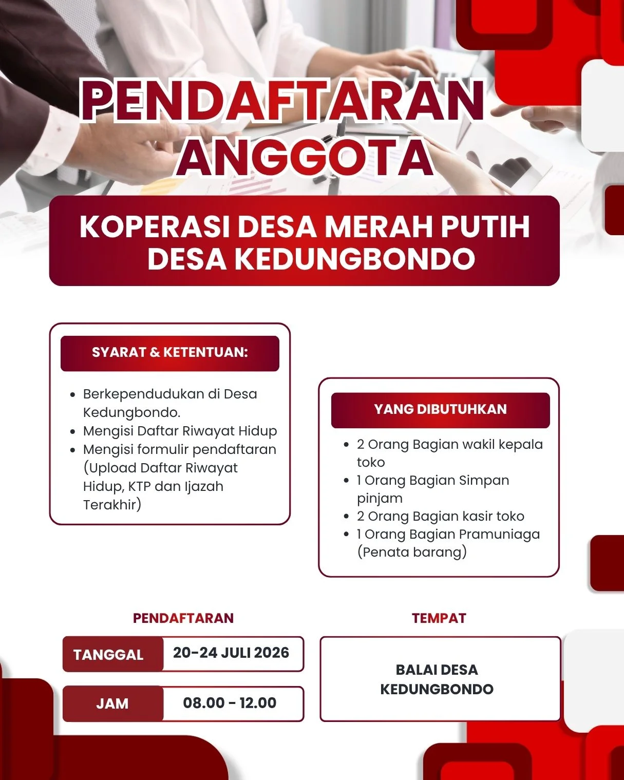 Poster pengumuman: Pendaftaran Anggota KDMP Desa Kedungbondo